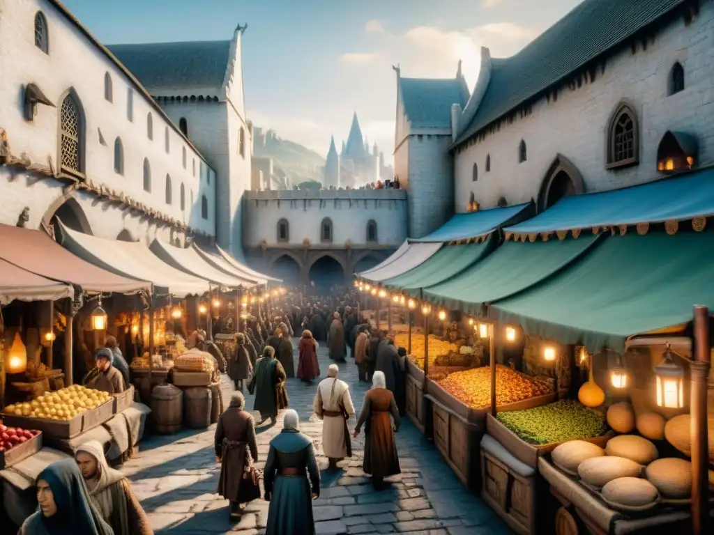 Escena detallada de los mercados bulliciosos de Minas Tirith en la Tierra Media, reflejando un vibrante escenario socioeconómico