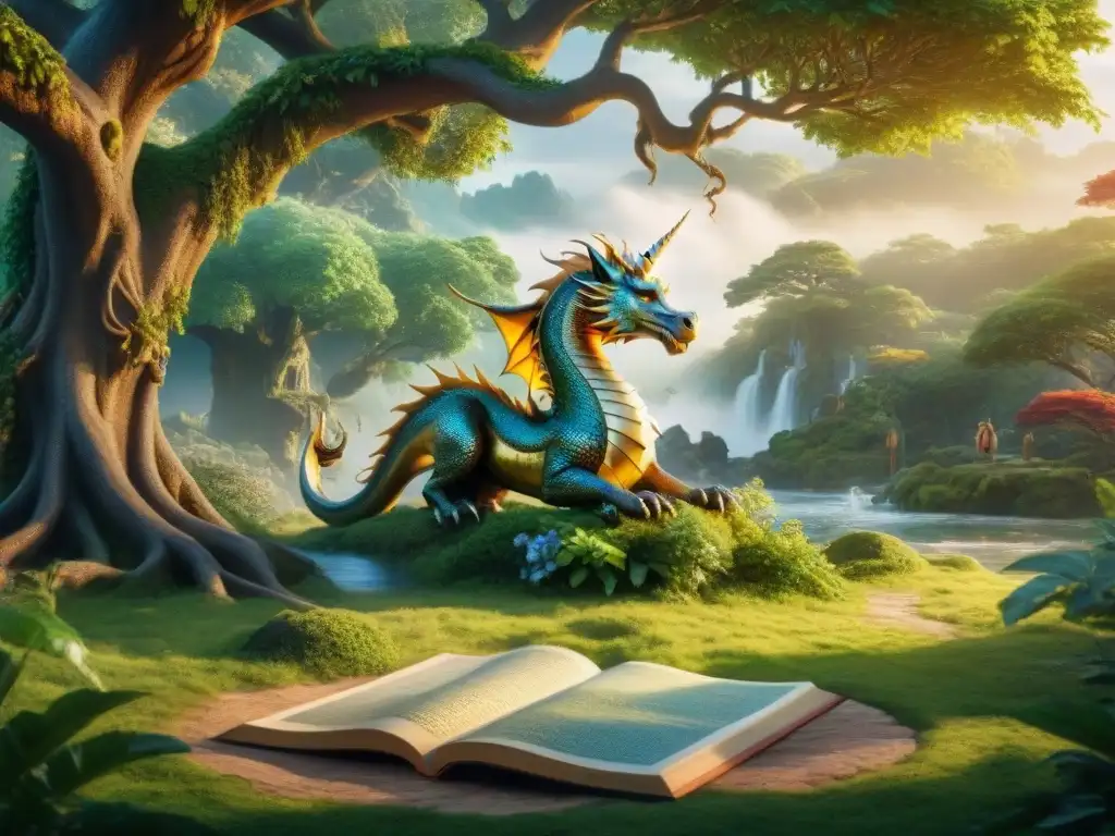 Escena de diplomacia en reinos encantados con un dragón, un unicornio y otras criaturas mágicas bajo un árbol místico