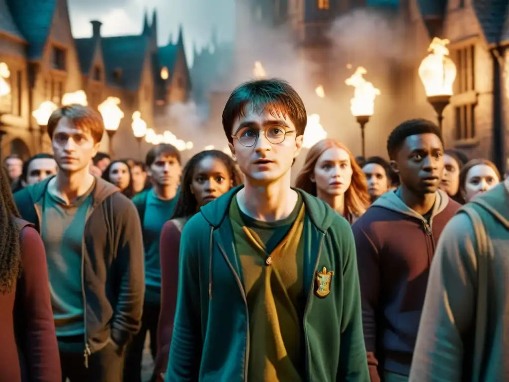 Escena dramática de Harry Potter: criaturas mágicas y humanos, dualidad moral en universos ficticios