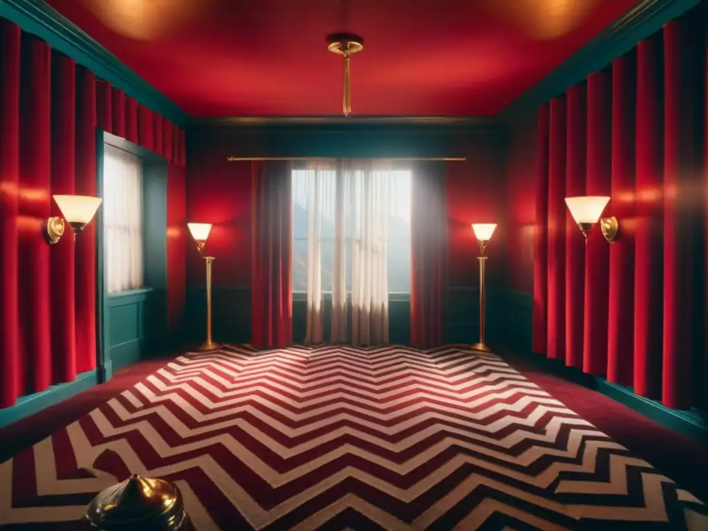 Escena enigmática de Twin Peaks con su icónica sala roja y el Hombre de Otro Lugar en un rincón sombrío, bañados en luz roja surrealista