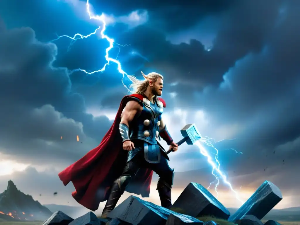 Escena épica de Thor en batalla durante el Ragnarok