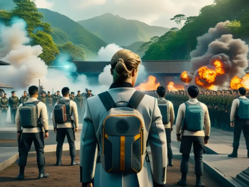 Escena épica comparativa adaptaciones Battle Royale The Hunger Games con acción intensa y mundos distópicos