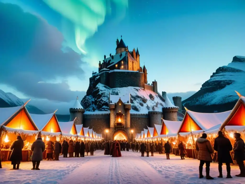 Escena épica de festival invernal en Game of Thrones con castillo nevado, esculturas de hielo y auroras