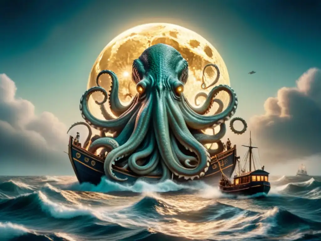 Escena épica: un kraken colosal emerge del mar, envolviendo un barco del siglo XVIII