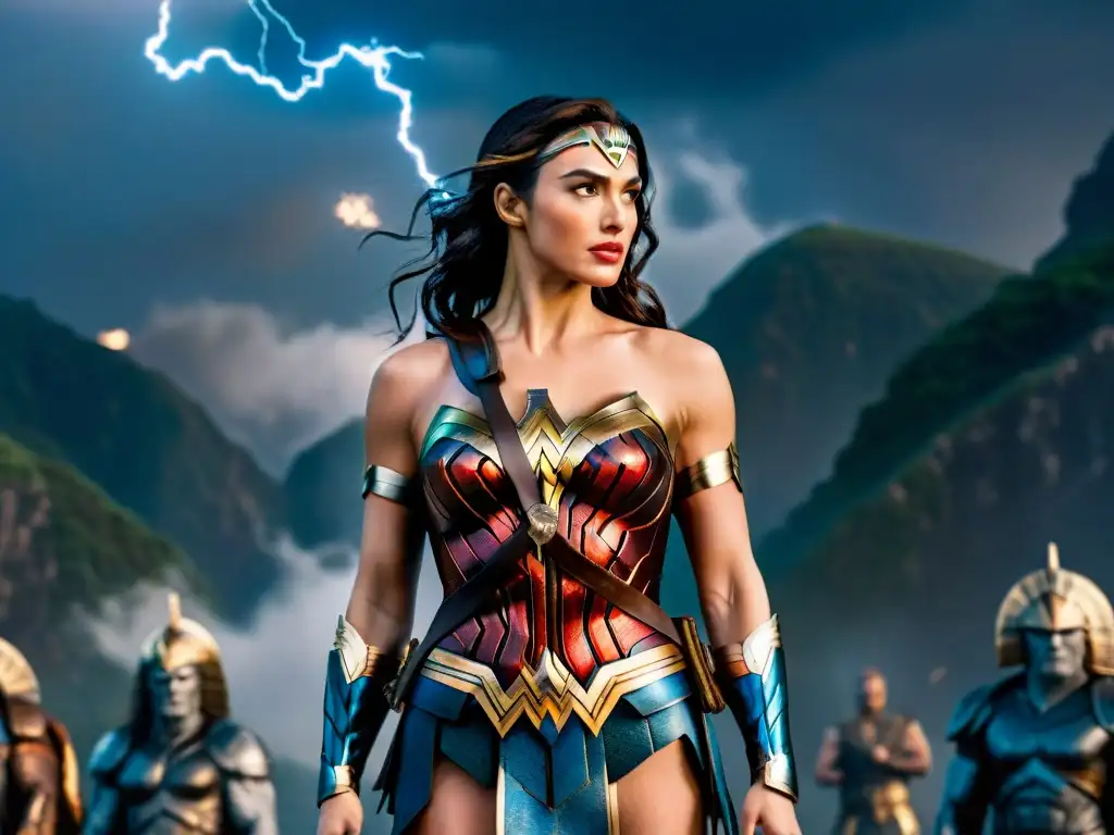 Escena épica de Wonder Woman en el Monte Olimpo rodeada de dioses griegos con un aura de mitología y feminismo en Wonder Woman