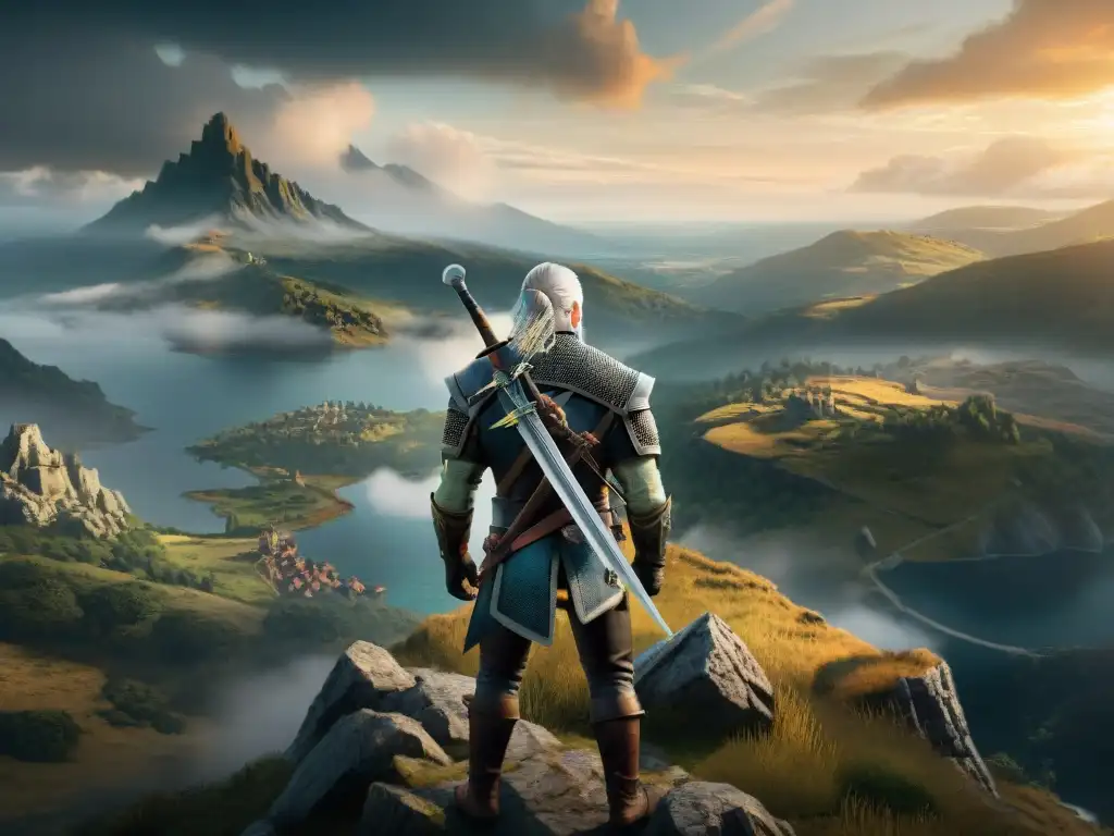 Escena épica de exploración de mundos ficticios profundos en 'The Witcher 3' con Geralt de Rivia en un acantilado mirando hacia un paisaje misterioso