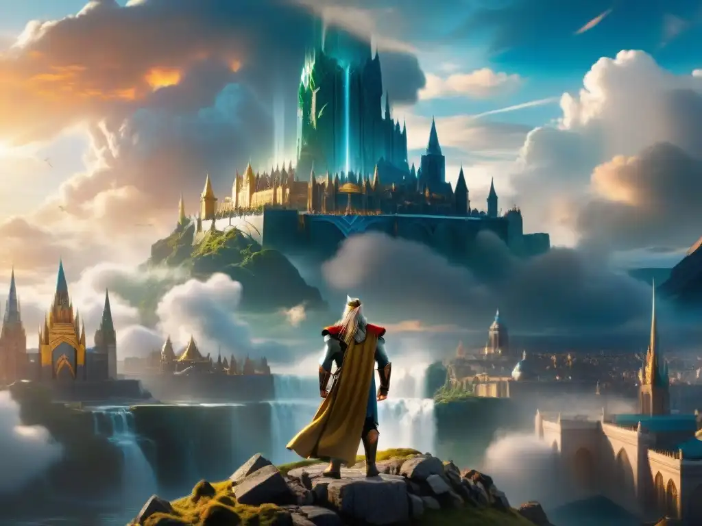 Escena épica de un paisaje urbano majestuoso similar a Asgard en 'Thor', evocando grandiosidad y decadencia