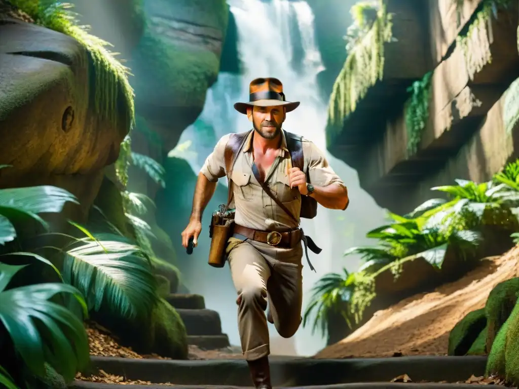 Escena épica de Indiana Jones huyendo de una roca gigante en un templo antiguo rodeado de exuberante vegetación