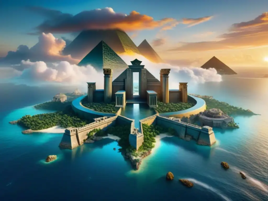 Una escena evocadora de Atlantis y El Dorado emergiendo de los mares y tierras, en una comparativa mitológica ciudades perdidas