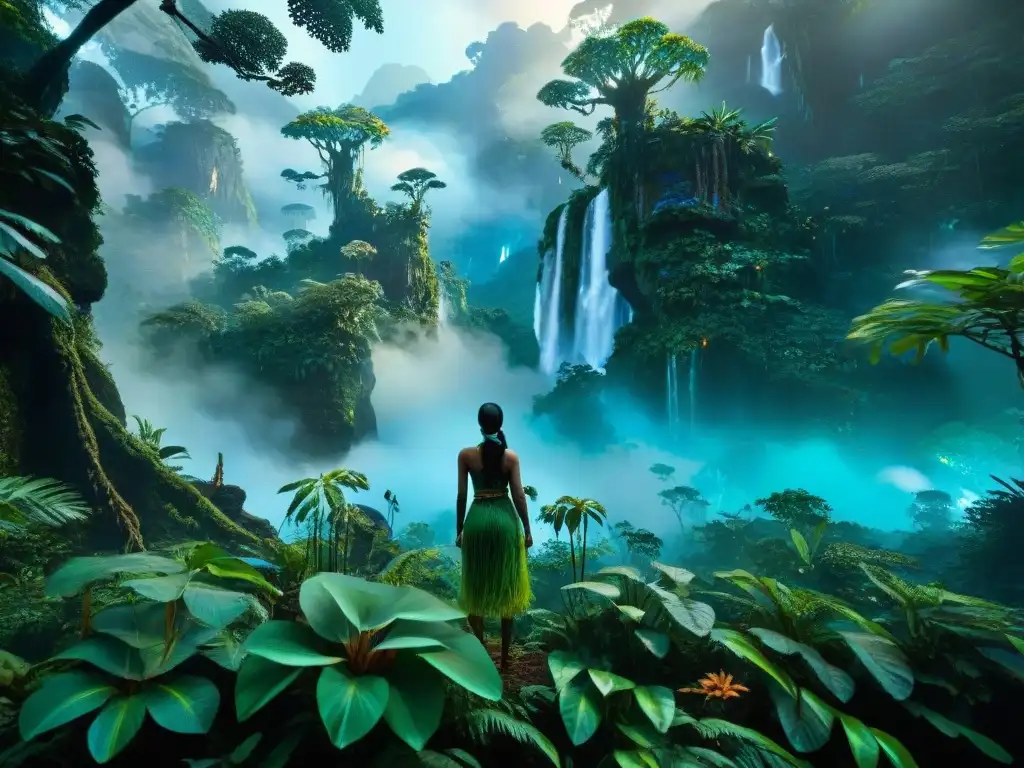 Escena exuberante de la jungla en 'Avatar', mostrando plantas bioluminiscentes, árboles gigantes y fauna exótica