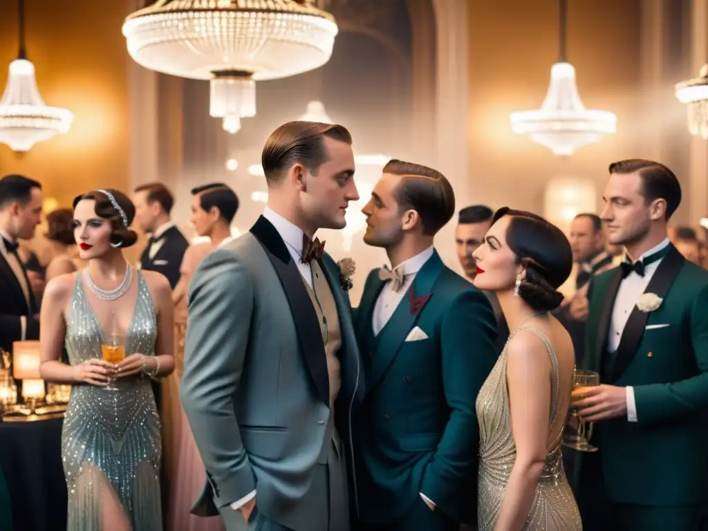 Una escena de fiesta estilo Gatsby de los años 20, con glamour y opulencia