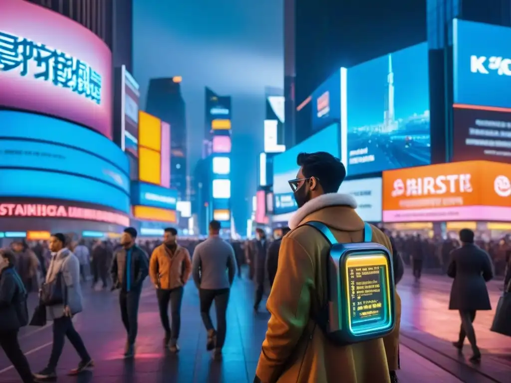 Escena futurista en la ciudad con luces de neón y vallas digitales