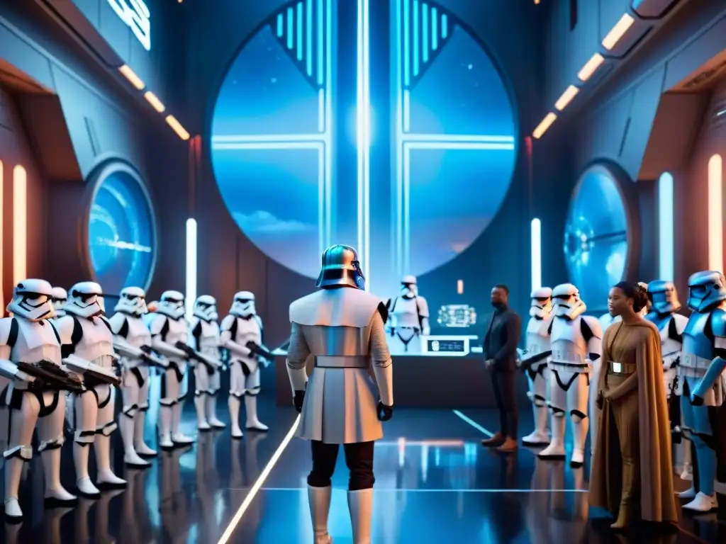 Una escena futurista y detallada de personas diversas admirando hologramas de Star Wars