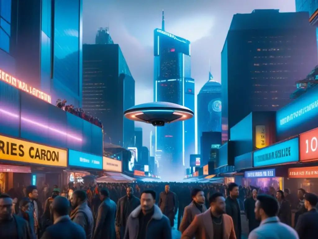 Escena futurista de mercado en Altered Carbon, con diversidad racial y mejoras cibernéticas