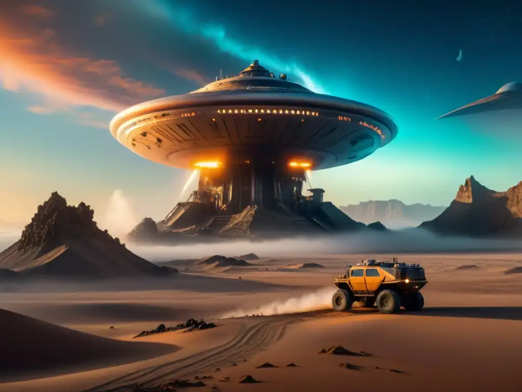 Escena futurista de extracción de recursos extraterrestres viabilidad en un paisaje alienígena desolado y avanzada tecnología