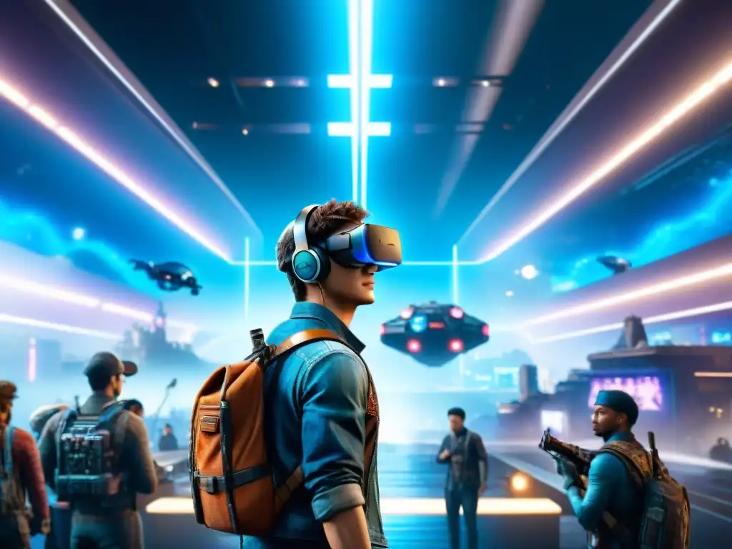 Escena futurista de tecnología avanzada y diversidad en un mundo de realidad virtual inspirado en Ready Player One