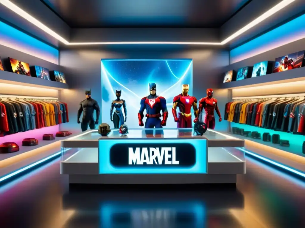 Una escena futurista de personalización merchandising universos ficticios con héroes y villanos de Marvel