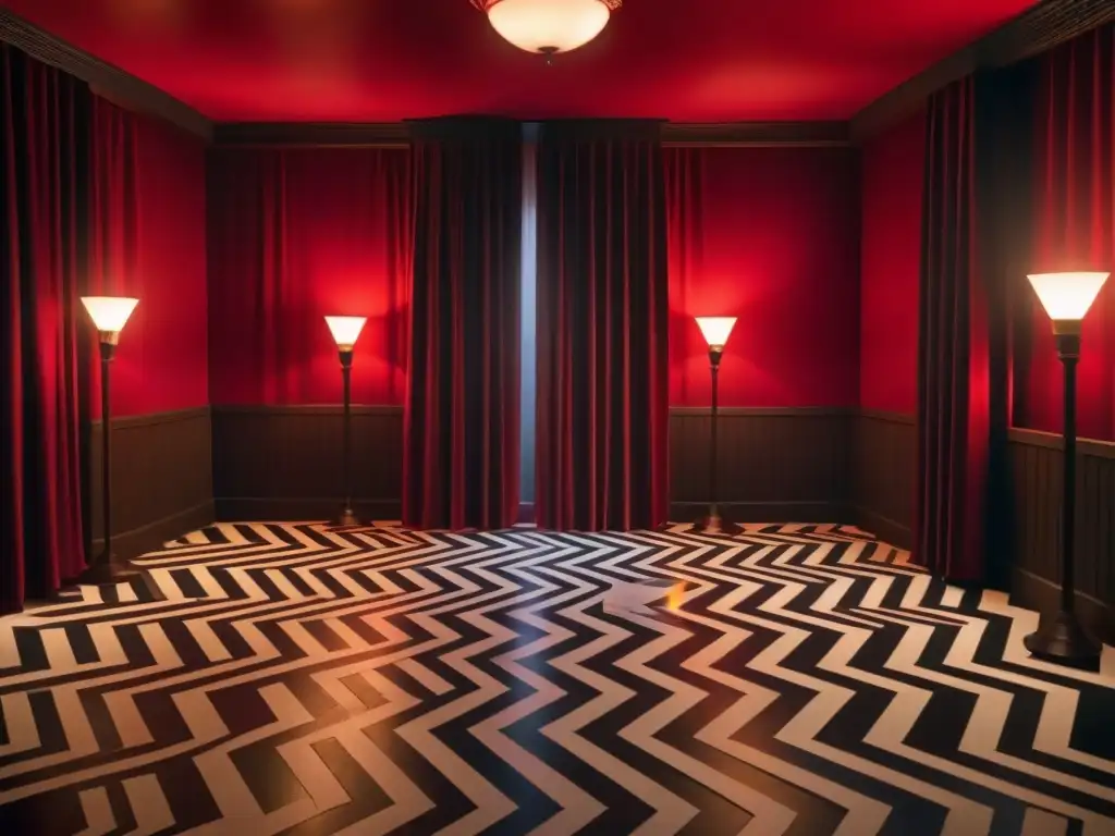 Escena icónica del Red Room de 'Twin Peaks' con el enano hablando en un ambiente misterioso y surrealista