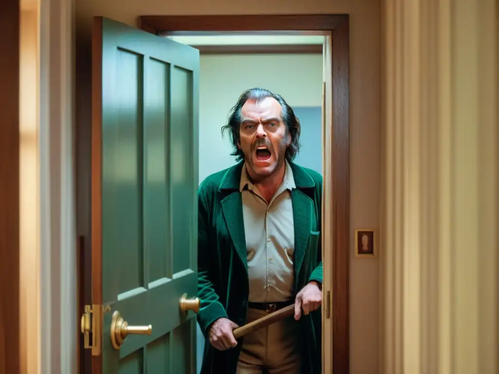 Escena icónica de El Resplandor con Jack Torrance rompiendo la puerta del baño con un hacha, mientras Wendy Torrance se aterra