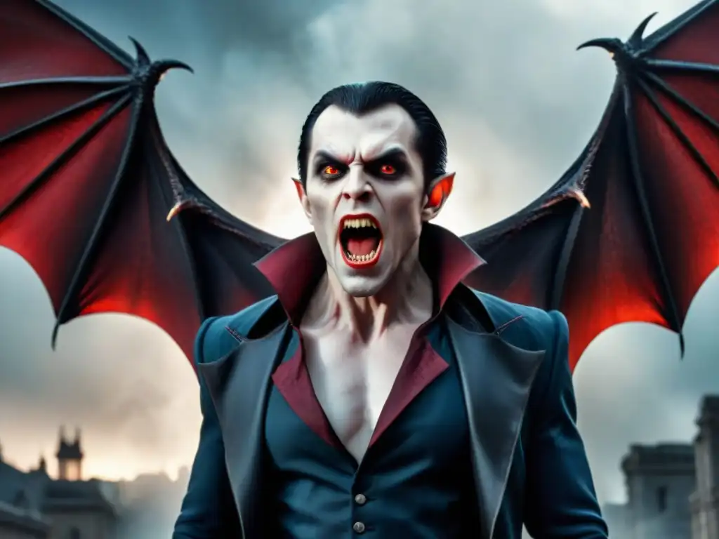 Escena impactante de transformación vampiros en cultura popular con fangs alargados y alas de murciélago emergiendo, en estilo cinematográfico