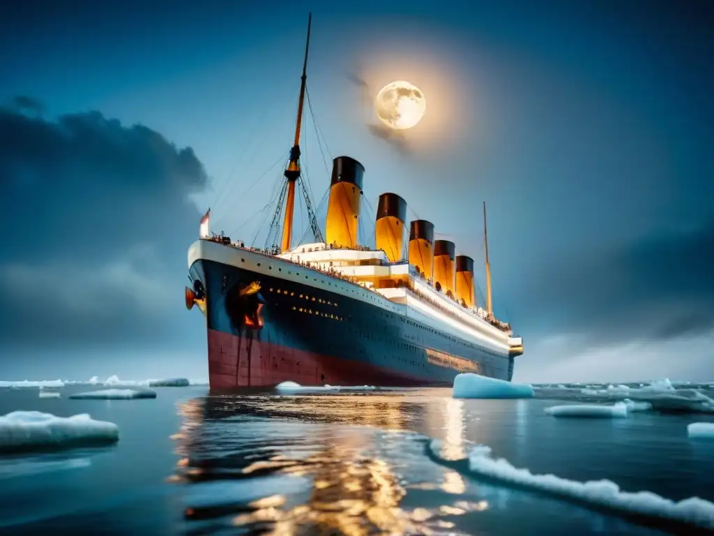 Escena impactante del Titanic hundiéndose en las frías aguas del océano Atlántico Norte, bajo la luz de la luna