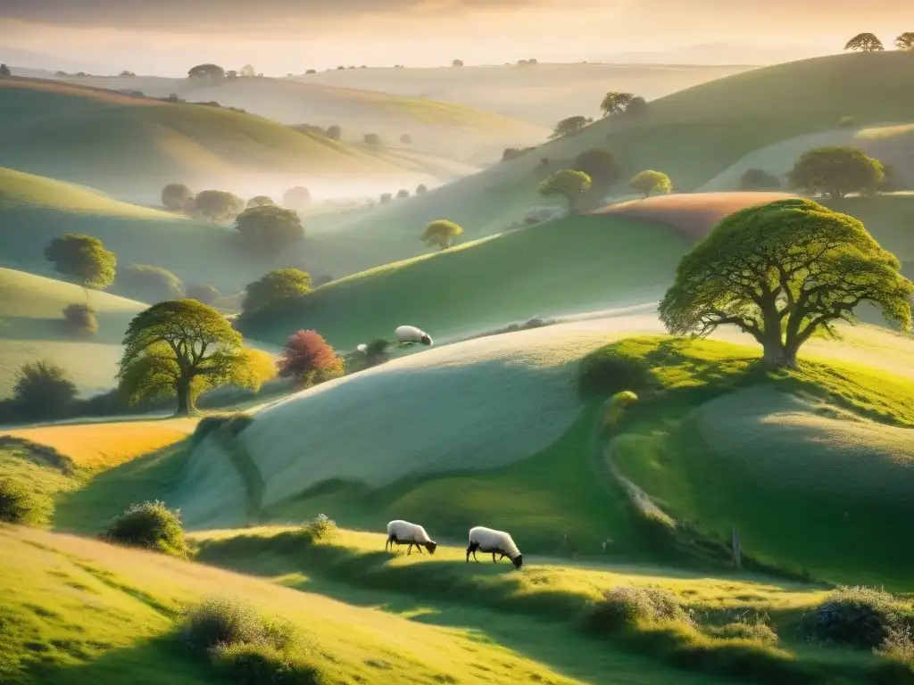 Escena inspirada en el Shire: colinas verdes, flores silvestres, aldeas hobbit en un paisaje encantador al atardecer