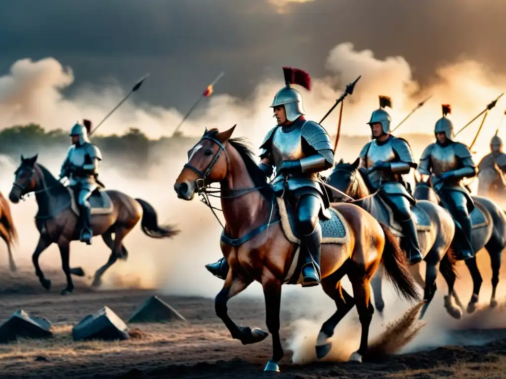 Batalla épica al atardecer: soldados en combate bajo cielo tormentoso Escena intensa de batalla al anochecer, soldados en combate bajo un cielo tormentoso