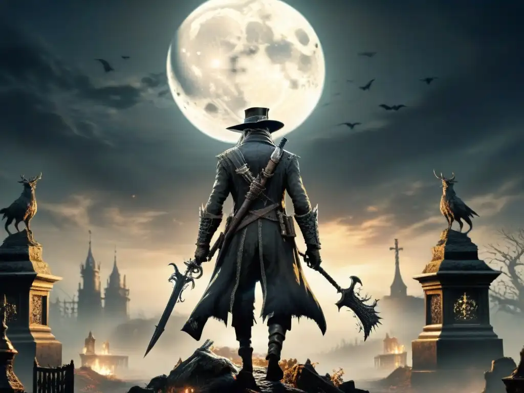 Escena intensa y cinematográfica de Monstruos y leyendas en Bloodborne: Father Gascoigne en un cementerio iluminado por la luna llena