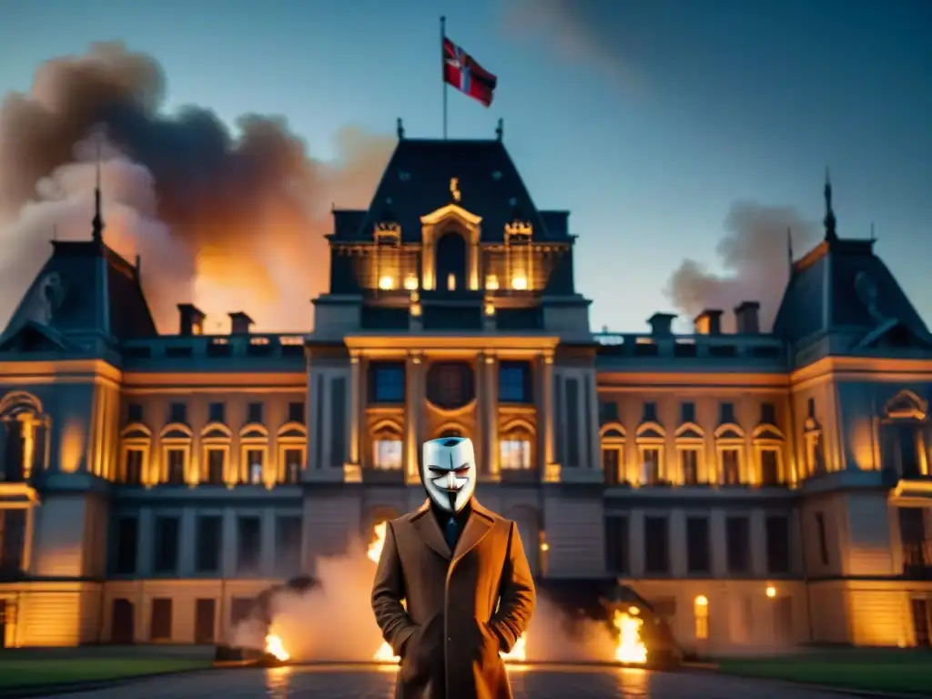 Escena intensa y rebelde de V de Vendetta con máscara de Guy Fawkes frente a un edificio gubernamental, iluminado por fuego