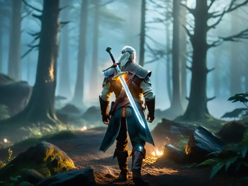 Escena intensa de Geralt de Rivia en un bosque oscuro, listo para enfrentar una criatura mítica