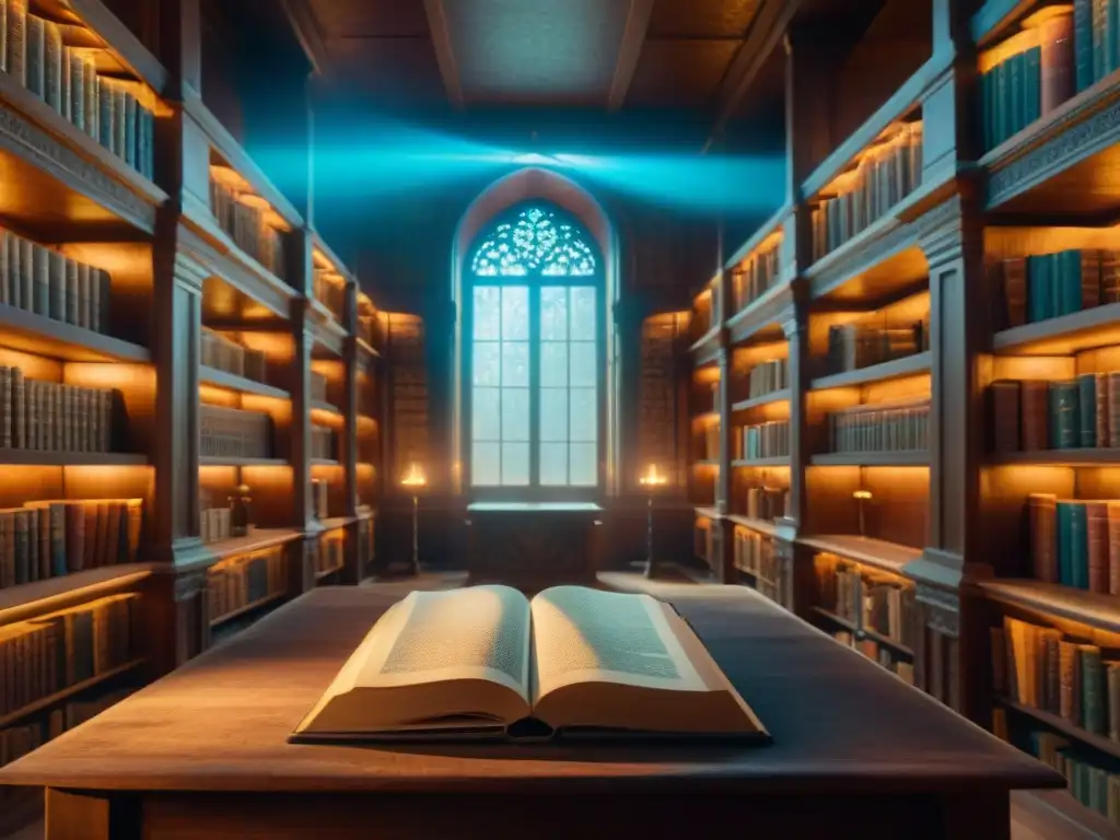 Escena mágica en biblioteca ancestral con artefactos mágicos en narrativa fantasía