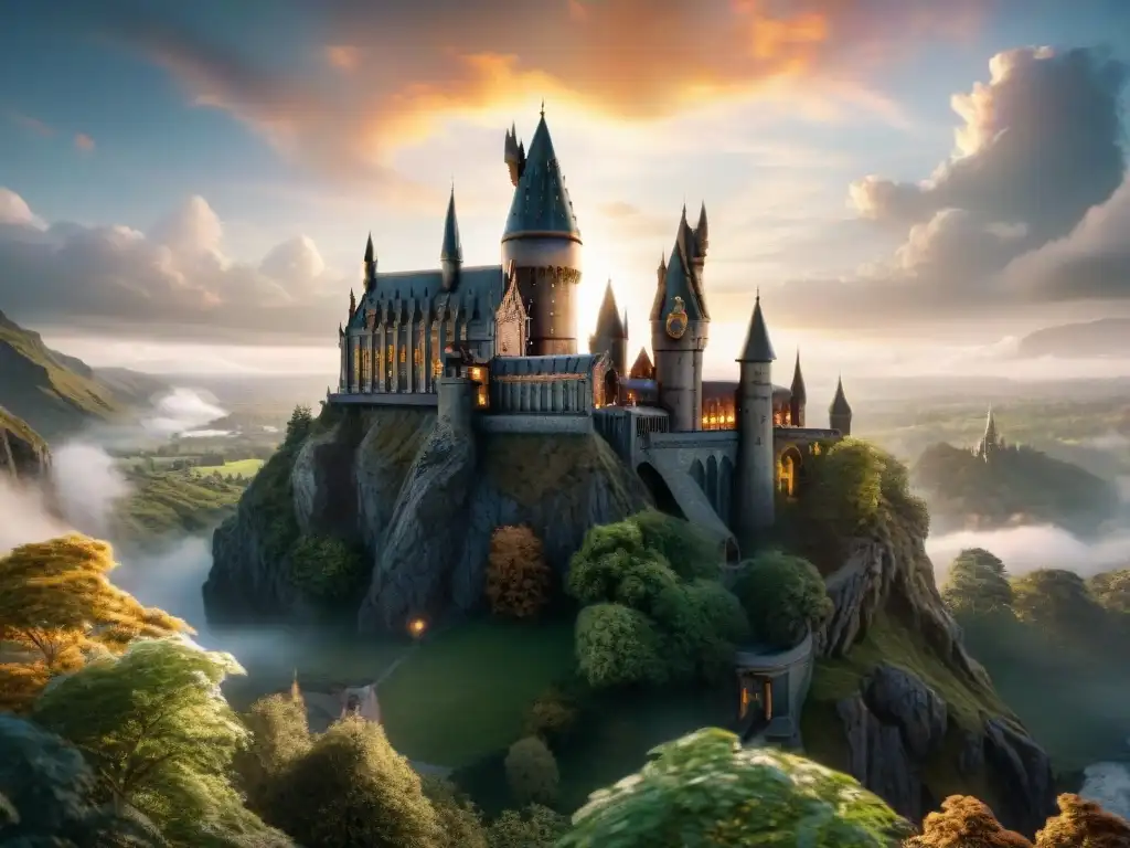 Escena mágica en Hogwarts con criaturas místicas y símbolos celtas