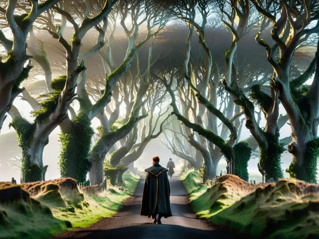 Escena mágica en las Dark Hedges de Irlanda del Norte, evocando las localizaciones de rodaje de Juego de Tronos