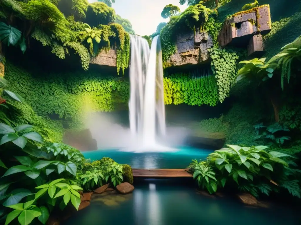 Descubre la mágica selva con cascada y ruinas Escena mágica: una exuberante selva con cascada y ruinas cubiertas de hiedra, evocando Paraísos Perdidos en Literatura