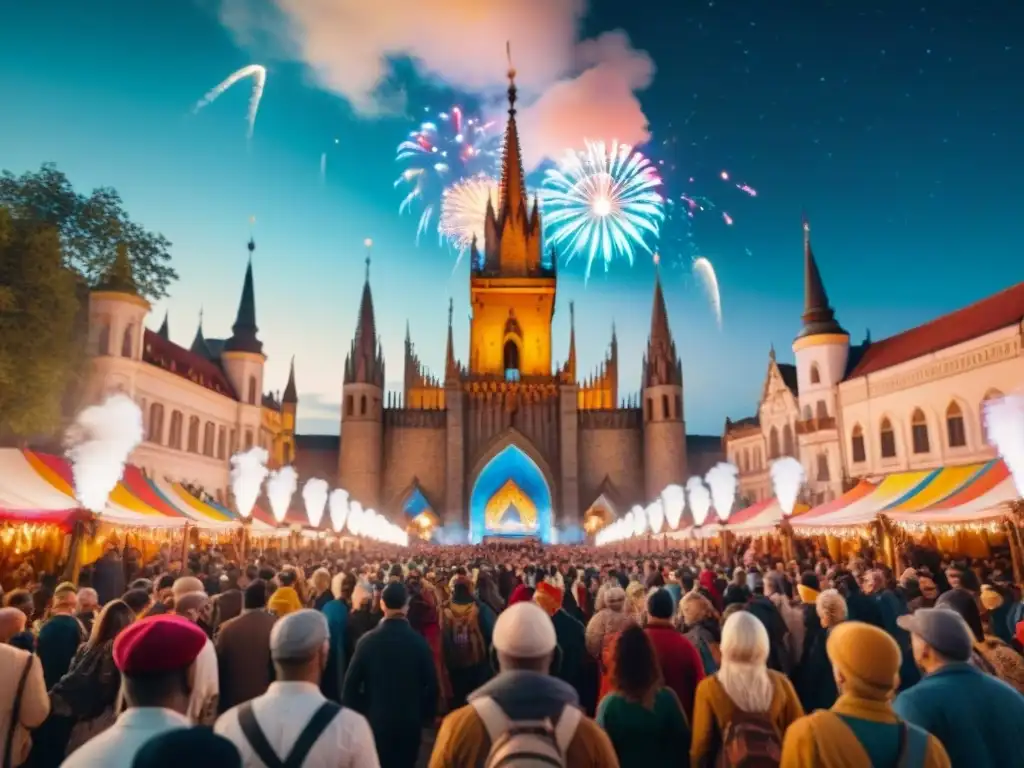 Escena mágica de fiestas y festivales en tierra mítica, con criaturas fantásticas, máscaras y fuegos artificiales