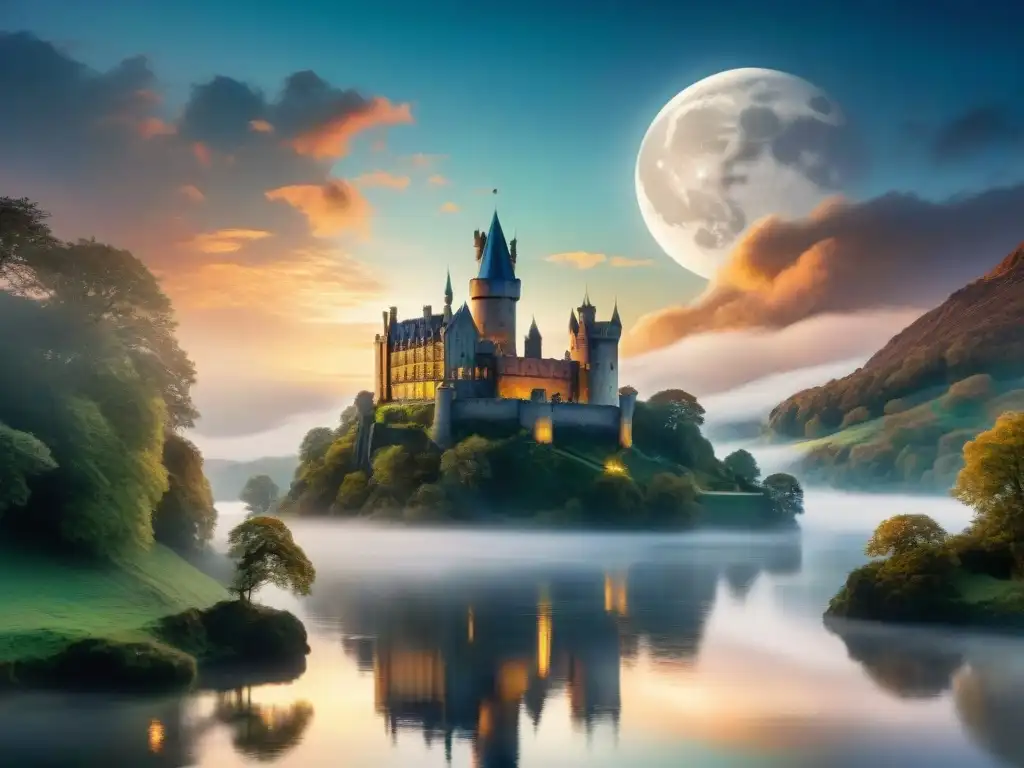 Escena mágica y legendaria en Camelot: el castillo majestuoso al anochecer, con Merlin y la luna llena