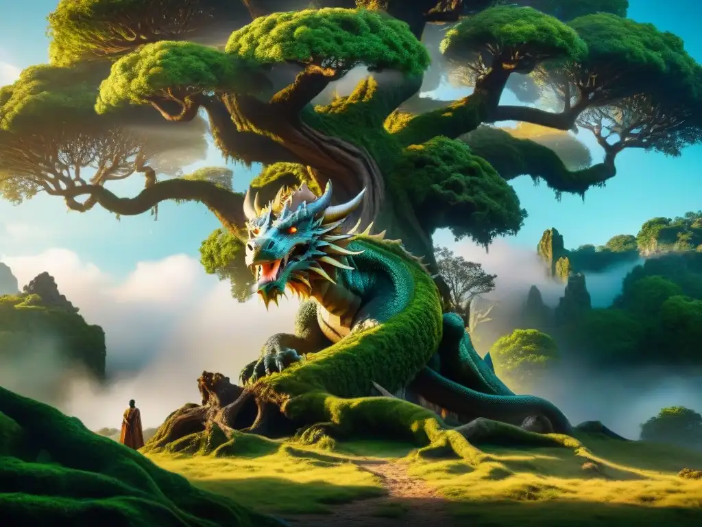 Escena mágica: dragón majestuoso sobre árbol antiguo, raíces entrelazadas con criaturas míticas