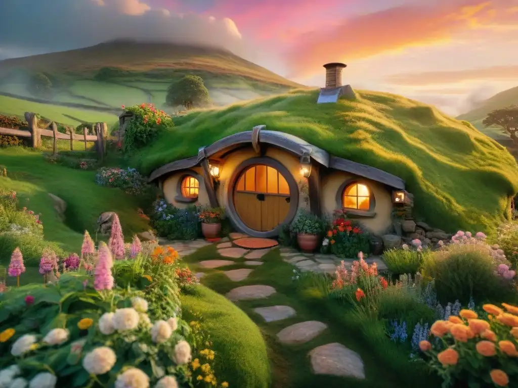 Escena mágica de la vida hobbit: paisaje verde con colinas, casitas y un hobbit junto a su hogar, rodeado de flores y arroyo