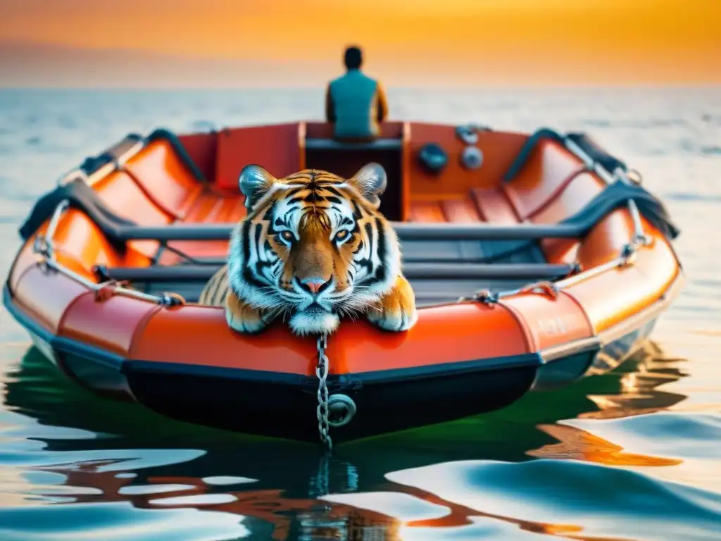 Escena majestuosa de tigre de Bengala en bote naranja en océano al atardecer, evocando 'La vida de Pi análisis'