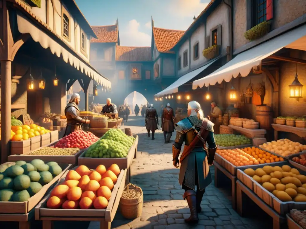 Escena de mercado medieval en The Witcher: humanos y monstruos coexisten pacíficamente