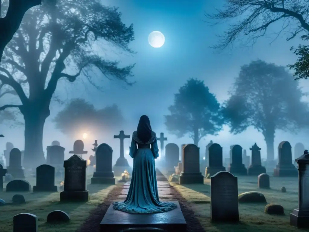 Escena misteriosa en cementerio iluminado por la luna, con figuras espectrales y neblina