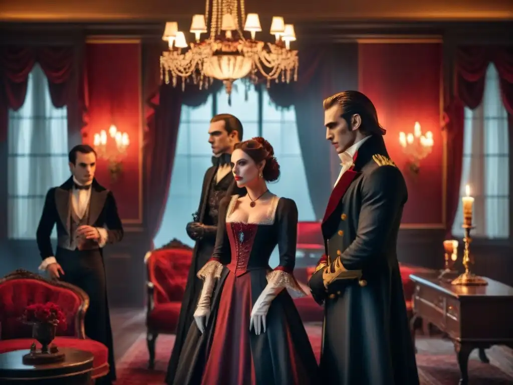 Escena misteriosa y sofisticada de vampiros en un salón victoriano opulento, captando la complejidad de la sociedad vampírica