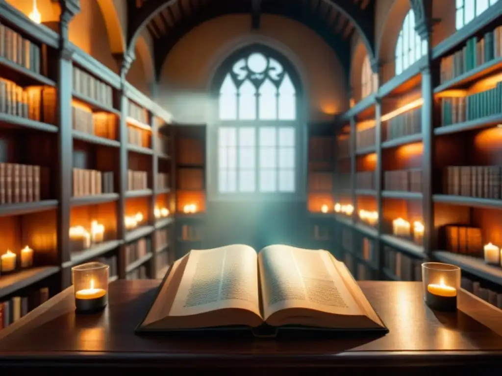 Escena mística en biblioteca antigua con tomos y luz de velas, evocando espiritualidad en El Nombre del Viento