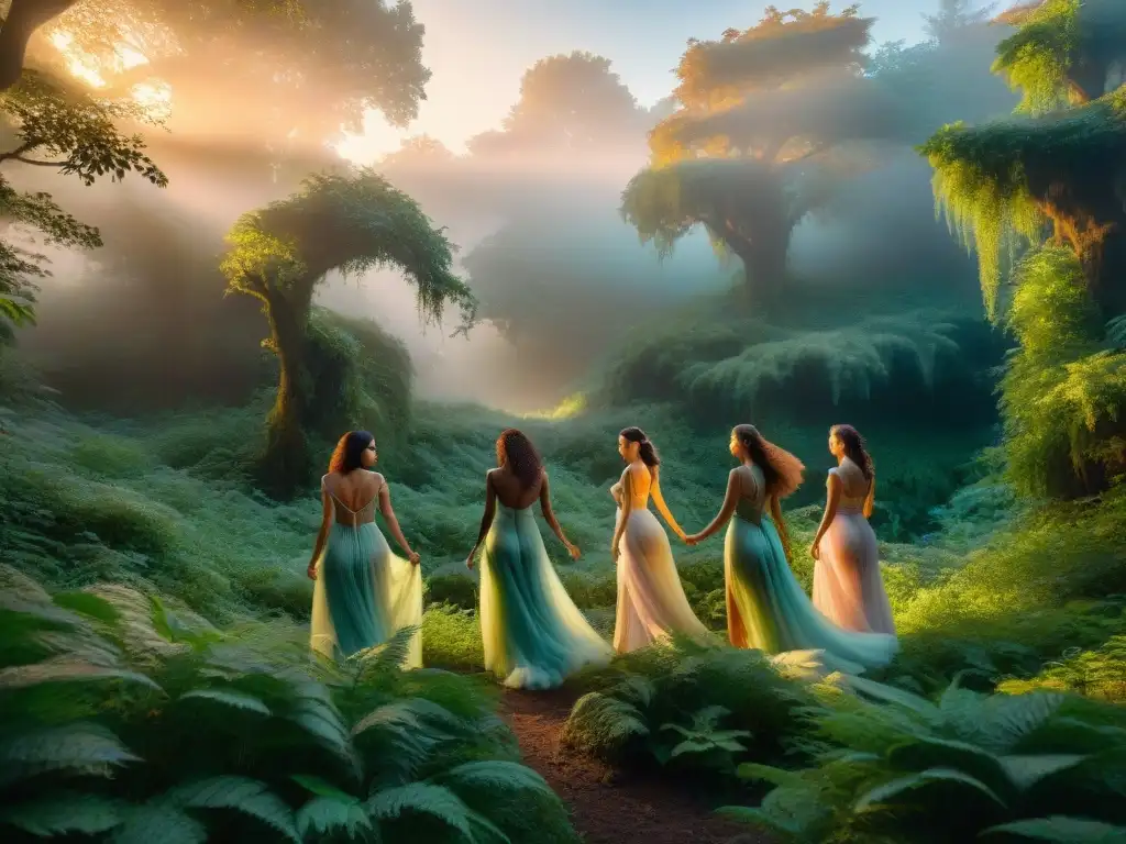 Escena mística de un bosque encantado con ninfas y un sátiro, mezclando sensualidad y mitología