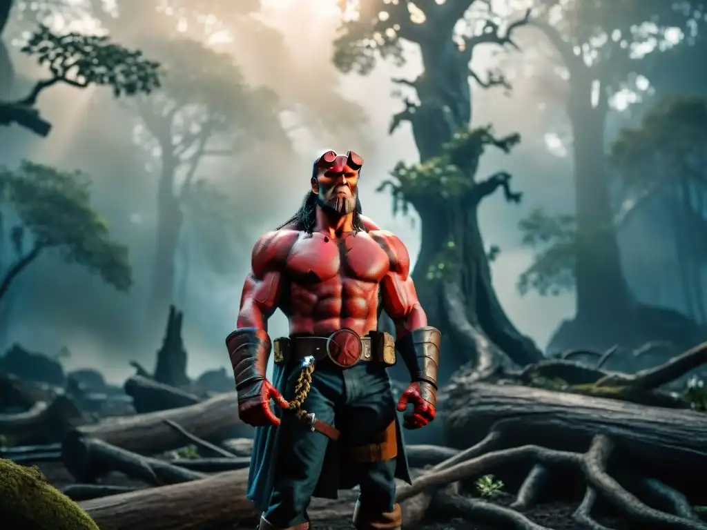 Escena mística de Hellboy en bosque oscuro rodeado de árboles ancestrales, emitiendo un resplandor paranormal