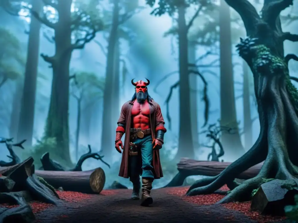 Escena mística: Hellboy en un bosque nocturno, rodeado de árboles ancestrales y criaturas míticas en las sombras