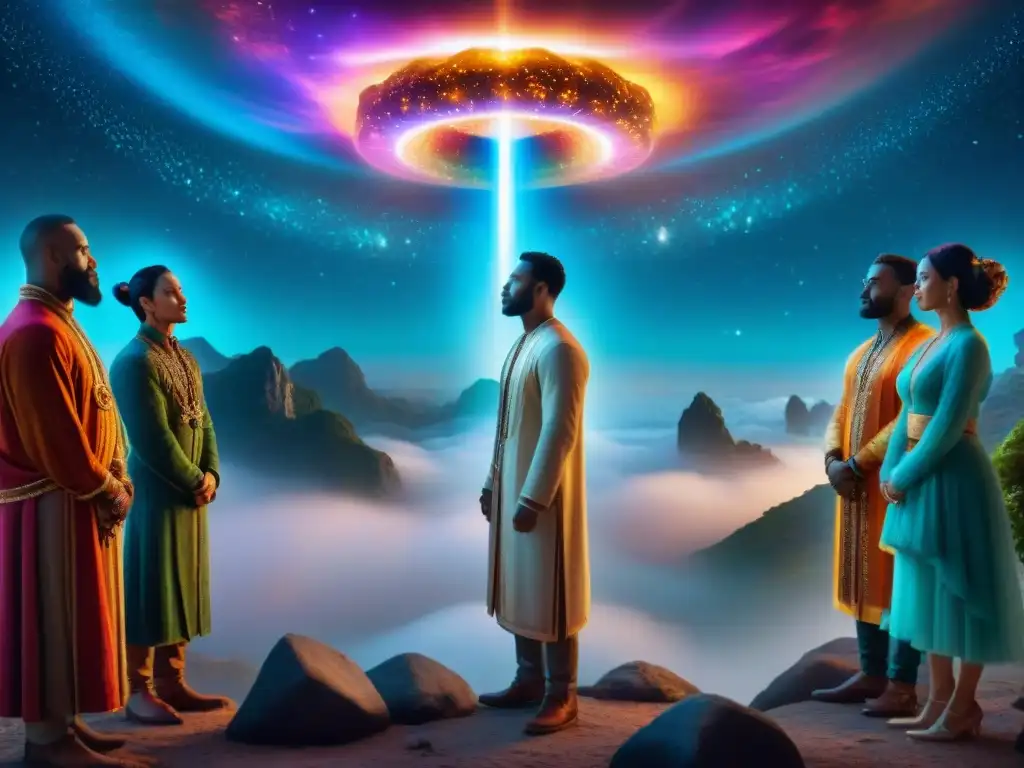 Una escena mística de comunicación entre humanos y criaturas, con símbolos brillantes y energía etérea en un fondo astral