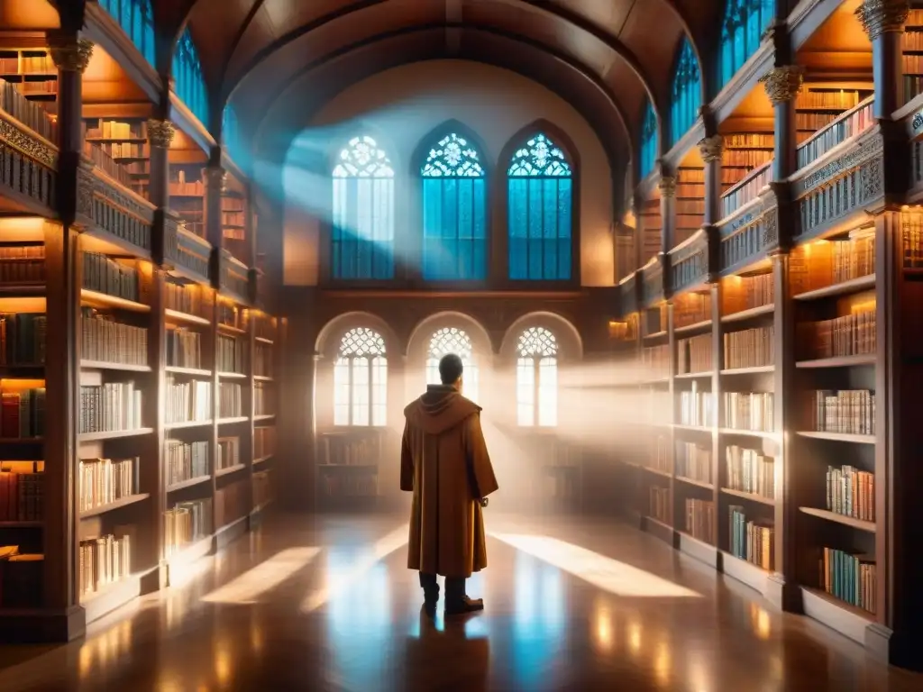 Una escena mística con una imponente biblioteca iluminada por orbes etéreos, reflejando la magia lingüística en El Nombre del Viento