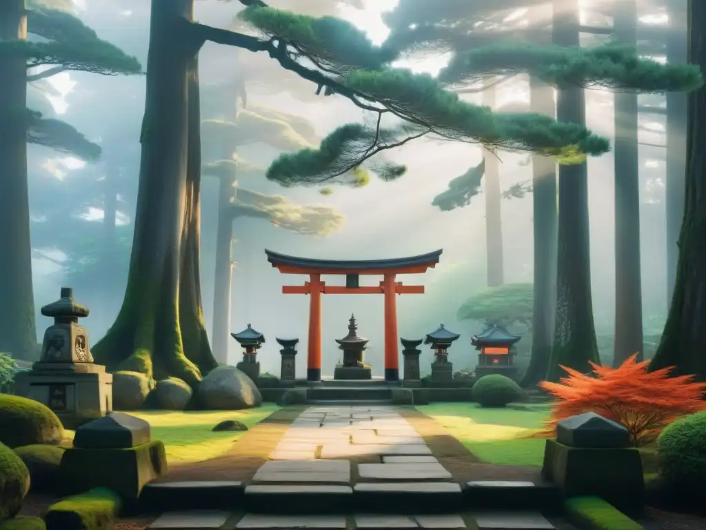 Escena mística en bosque con santuario Shinto: raíces culturales Shinto en Chihiro