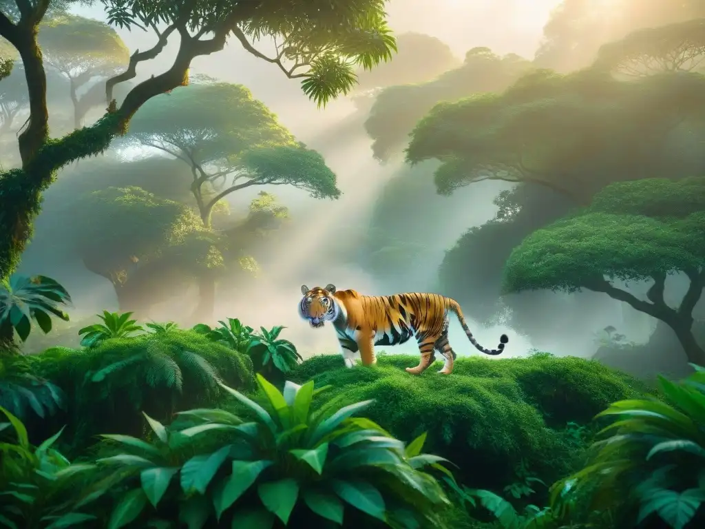 Escena mística de la selva al anochecer con un tigre de Bengala, reflejando la gobernanza tribal en El Libro de la Selva